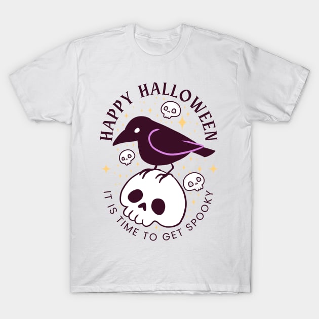 Happy halloween it is time to get spooky a cute crow on a skull T-Shirt by Yarafantasyart